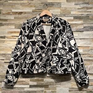 100% Silk Abstract Print Blazer Jacket M | Black White Art Statement Lined